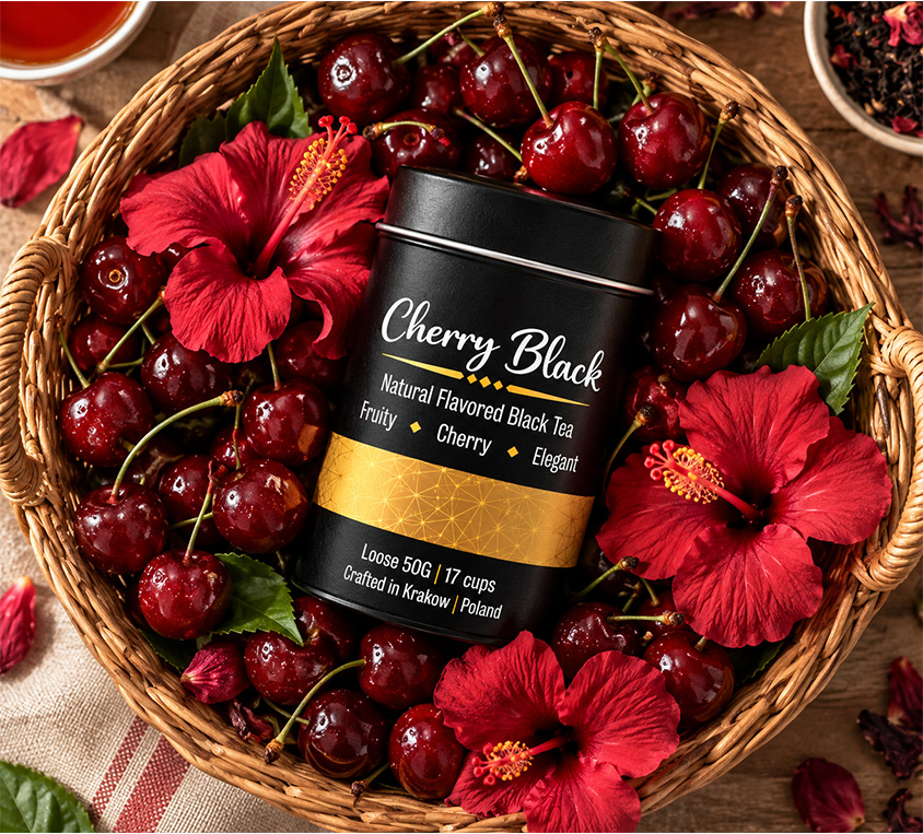 Cherry Black Leo Tea – czarna herbata z liofilizowanymi kawałkami wiśni w metalowej puszce 50g
